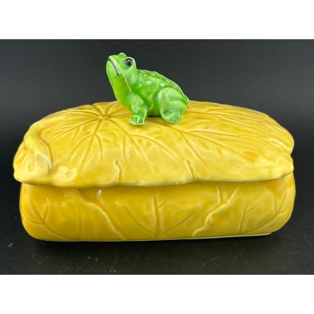 Vintage Ceramic Trinket Box with Frog Lid Yellow 1975 Aldon‎ Made In Japan